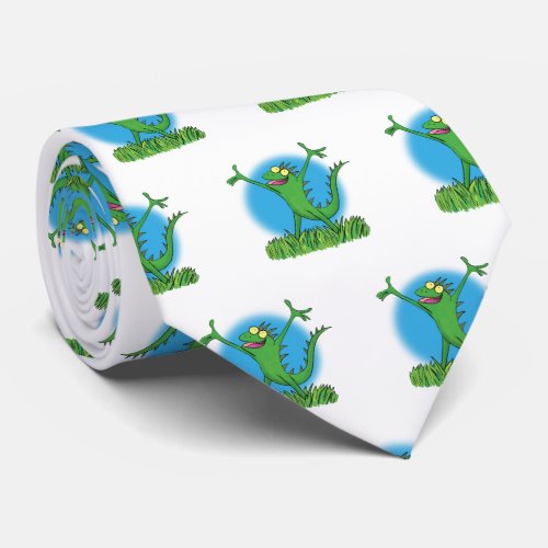 Funny green smiling animated iguana lizard neck tie