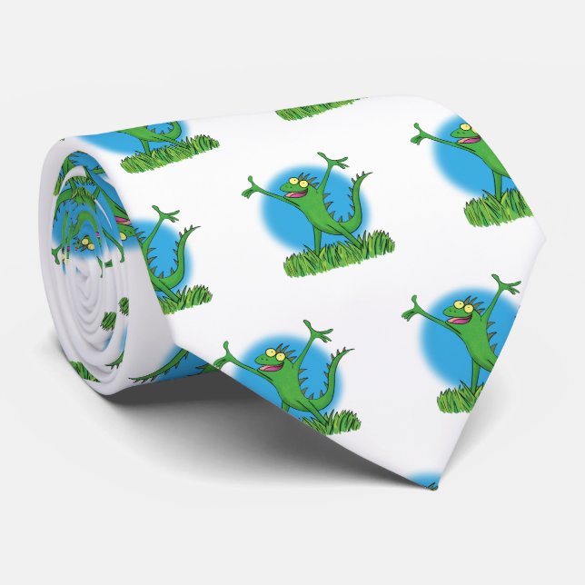 Funny green smiling animated iguana lizard neck tie (Rolled)