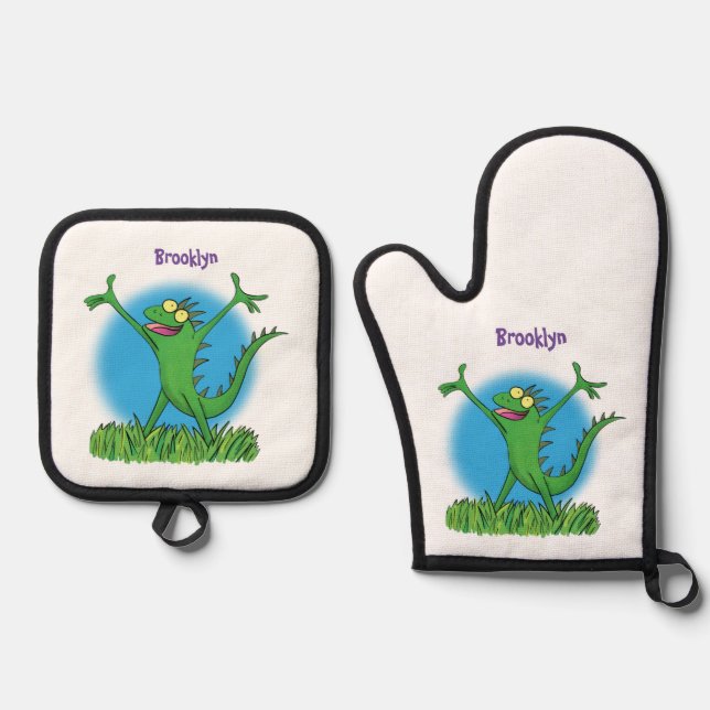 Funny green smiling animated iguana lizard oven mitt & pot holder set (Front)