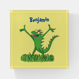 Funny green smiling animated iguana lizard  paperweight