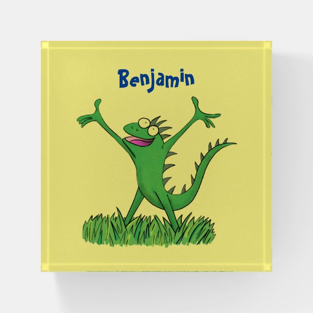 Funny green smiling animated iguana lizard  paperweight (Front)