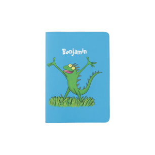 Funny green smiling animated iguana lizard passport holder