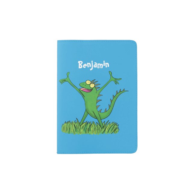 Funny green smiling animated iguana lizard passport holder (Front)