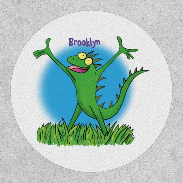 Funny green smiling animated iguana lizard patch (Front)