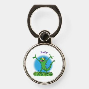 Funny green smiling animated iguana lizard phone ring stand