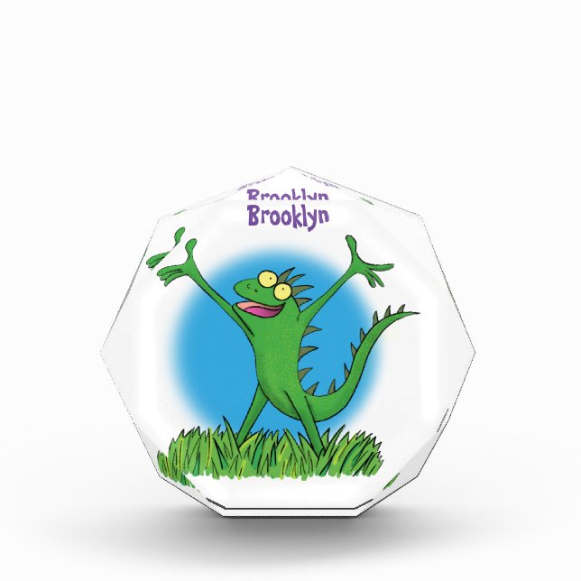 Funny green smiling animated iguana lizard photo block (Front)