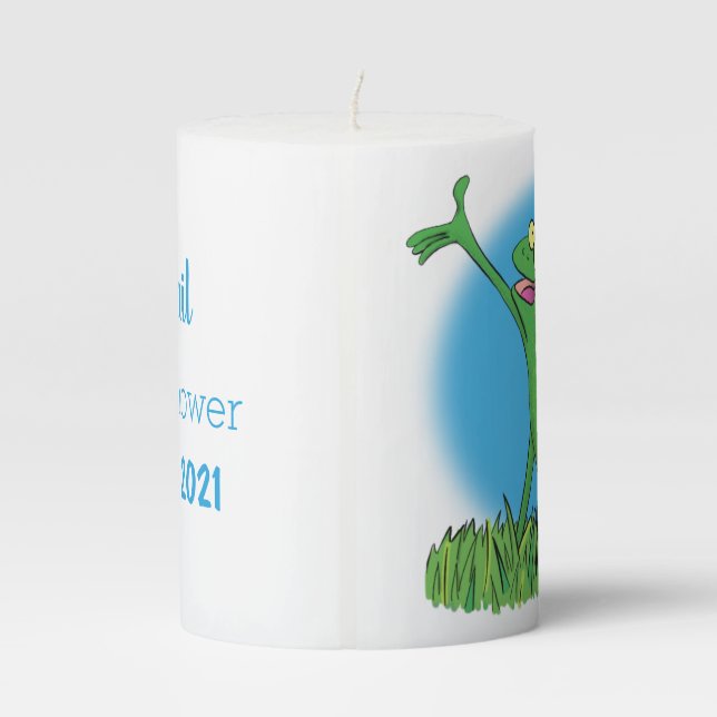 Funny green smiling animated iguana lizard pillar candle (Back)
