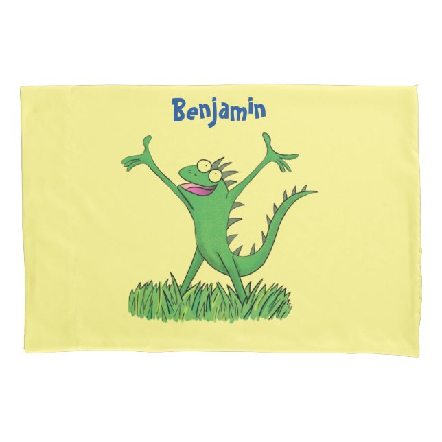 Funny green smiling animated iguana lizard  pillow case (Front)