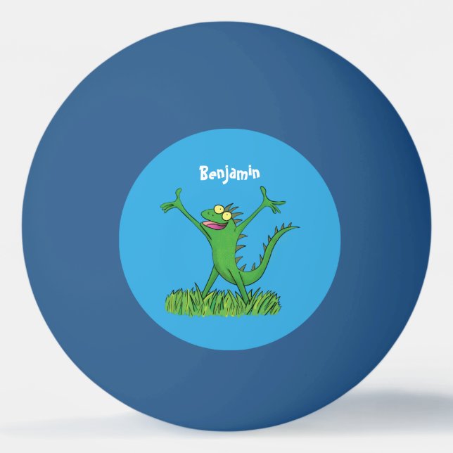 Funny green smiling animated iguana lizard ping pong ball (Front)