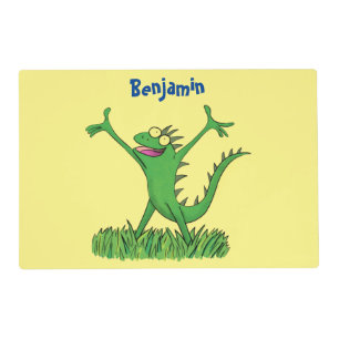 Funny green smiling animated iguana lizard placemat