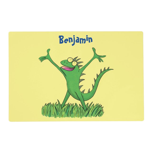 Funny green smiling animated iguana lizard  placemat (Front)