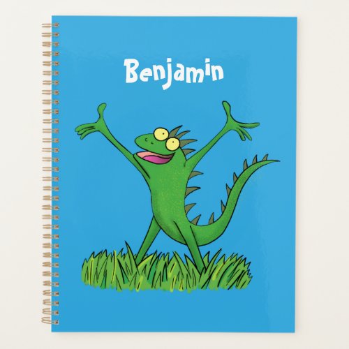 Funny green smiling animated iguana lizard planner