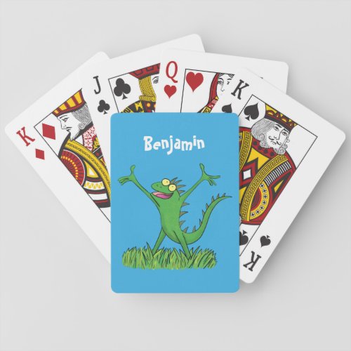 Funny green smiling animated iguana lizard poker cards