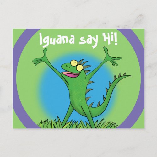 Funny green smiling animated iguana lizard postcard