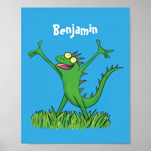 Funny green smiling animated iguana lizard poster