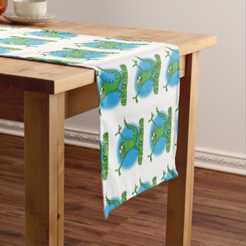 Funny green smiling animated iguana lizard short table runner