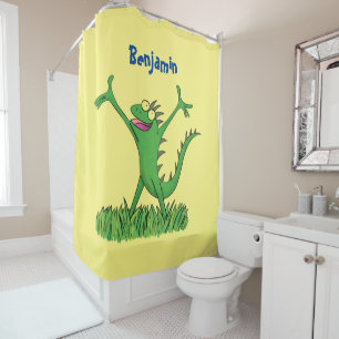 Funny green smiling animated iguana lizard  shower curtain