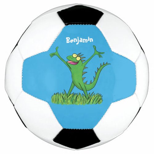 Funny green smiling animated iguana lizard soccer ball