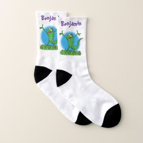 Funny green smiling animated iguana lizard socks