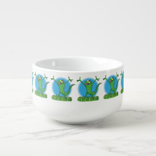 Funny green smiling animated iguana lizard soup mug (Front)