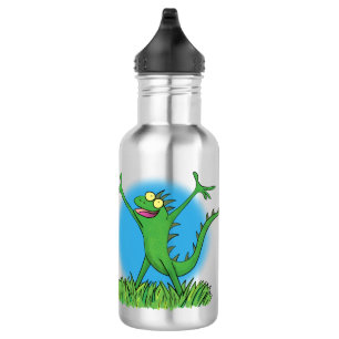 Funny green smiling animated iguana lizard stainless steel water bottle
