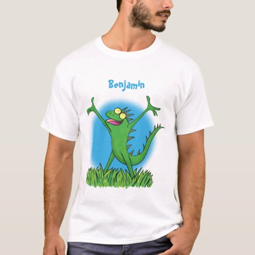 Funny green smiling animated iguana lizard T_Shirt