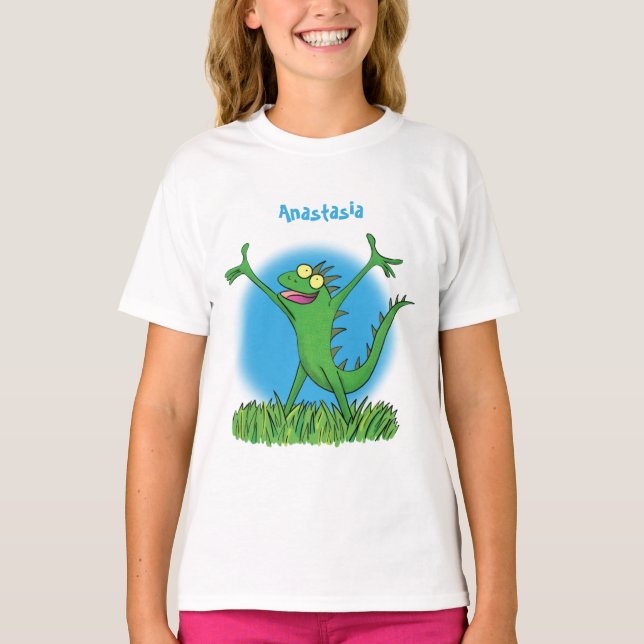 Funny green smiling animated iguana lizard T-Shirt (Front)
