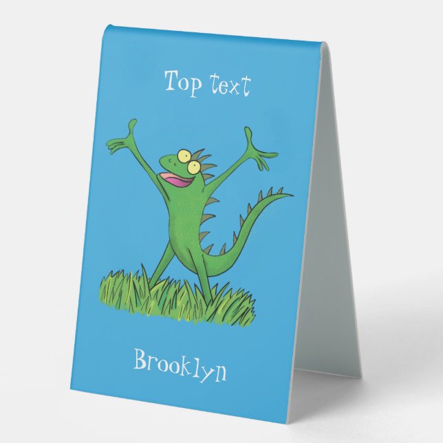 Funny green smiling animated iguana lizard table tent (Front)