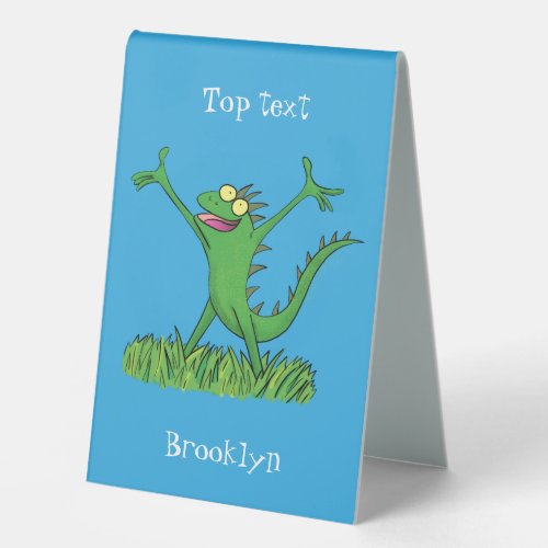 Funny green smiling animated iguana lizard table tent sign
