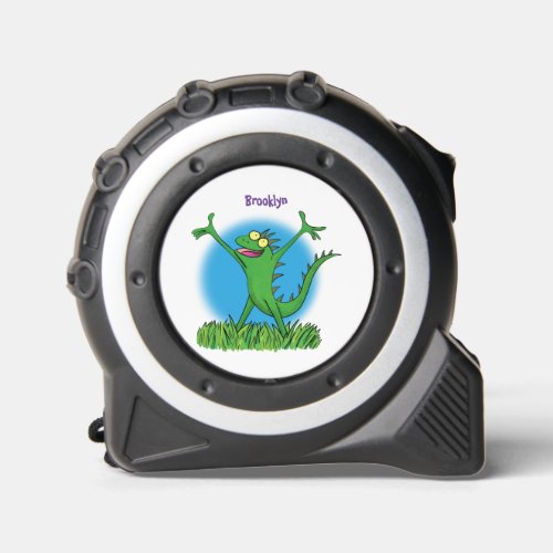 Funny green smiling animated iguana lizard tape measure