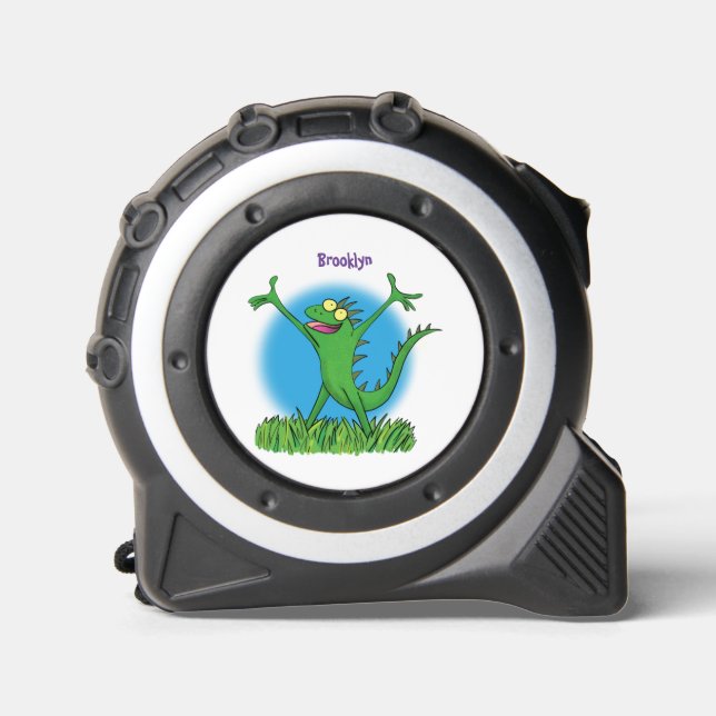 Funny green smiling animated iguana lizard tape measure (Front)
