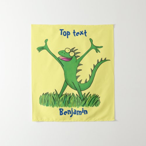 Funny green smiling animated iguana lizard tapestry