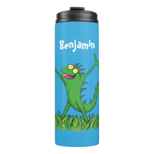 Funny green smiling animated iguana lizard thermal tumbler