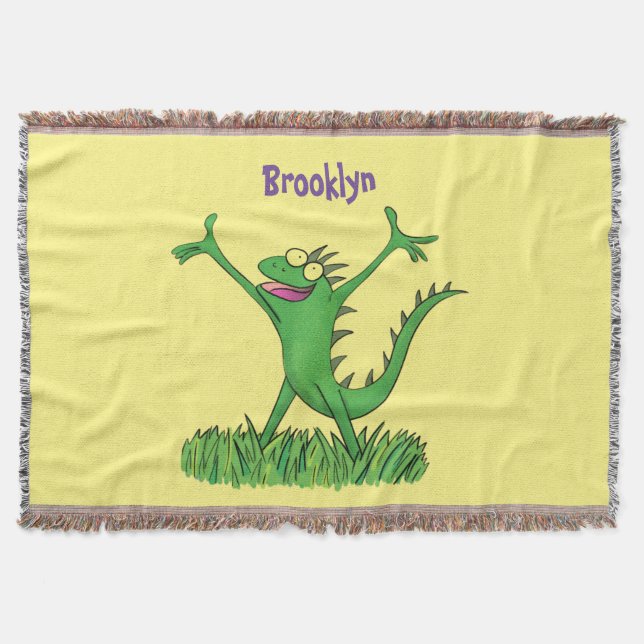 Funny green smiling animated iguana lizard throw blanket (Front)