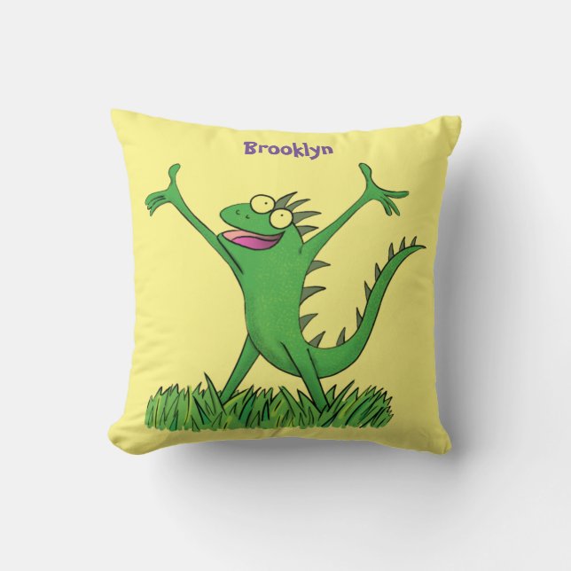 Funny green smiling animated iguana lizard  throw pillow (Front)
