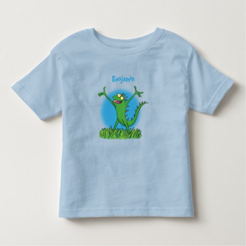 Funny green smiling animated iguana lizard toddler t_shirt
