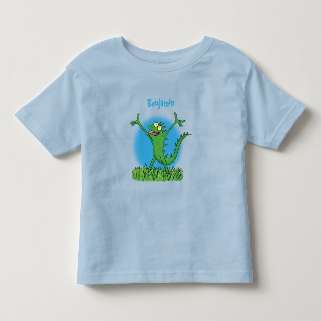 Funny green smiling animated iguana lizard toddler t-shirt (Front)
