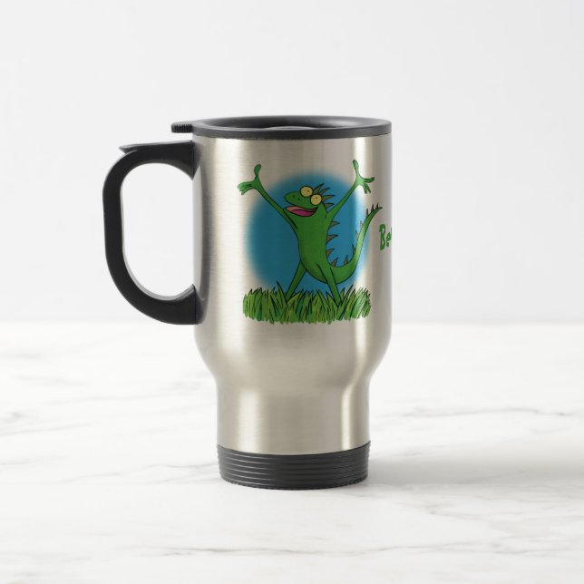Funny green smiling animated iguana lizard travel mug (Left)