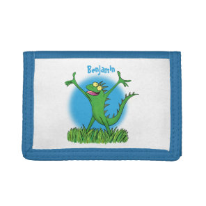 Funny green smiling animated iguana lizard tri-fold wallet