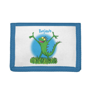 Funny green smiling animated iguana lizard tri-fold wallet