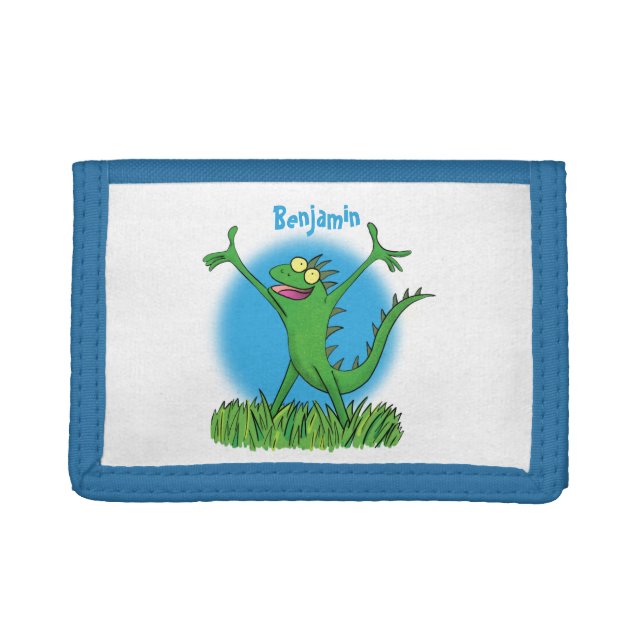 Funny green smiling animated iguana lizard tri-fold wallet (Front)