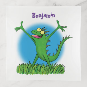Funny green smiling animated iguana lizard trinket tray