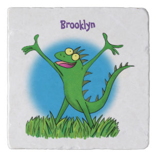 Funny green smiling animated iguana lizard trivet