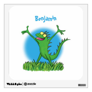 Funny green smiling animated iguana lizard wall decal