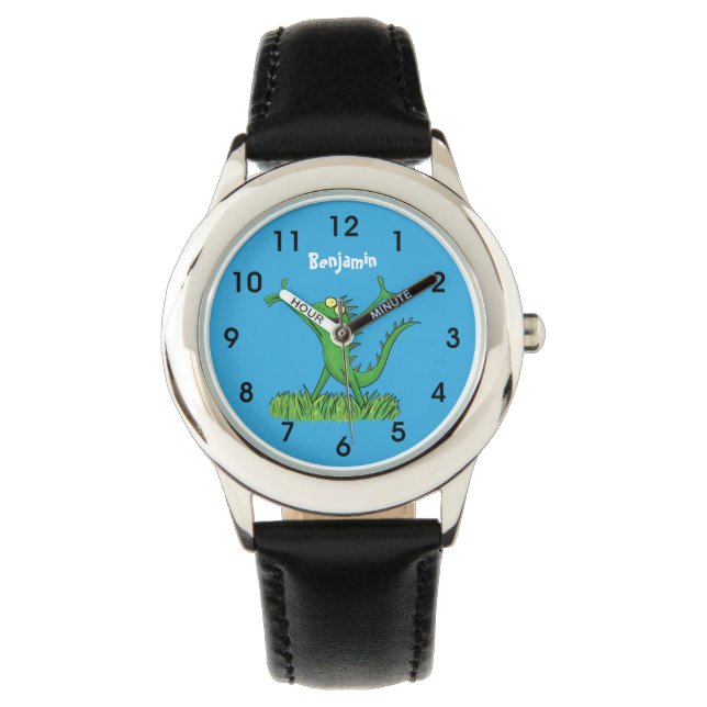 Funny green smiling animated iguana lizard watch (Front)