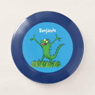Funny green smiling animated iguana lizard Wham-O frisbee