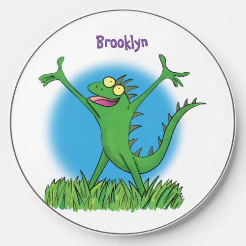 Funny green smiling animated iguana lizard wireless charger 