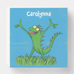 Funny green smiling animated iguana lizard wooden box sign
