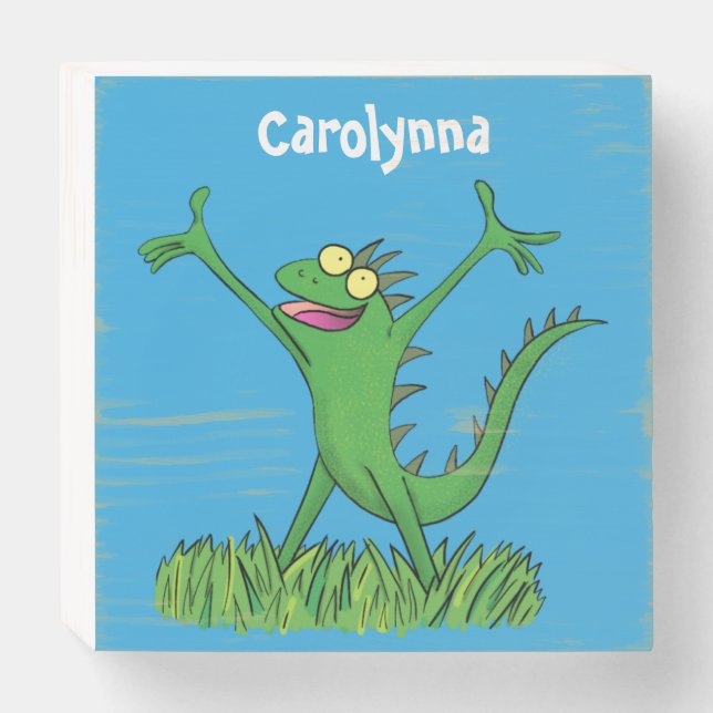 Funny green smiling animated iguana lizard wooden box sign (Front Horizontal)