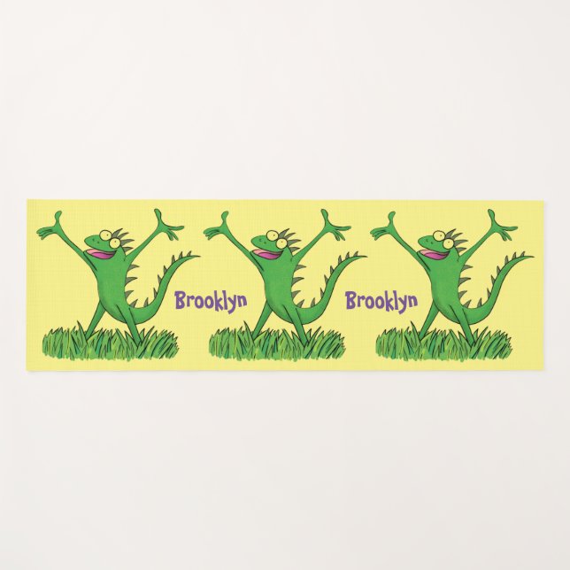 Funny green smiling animated iguana lizard yoga mat (Front (Horizontal))